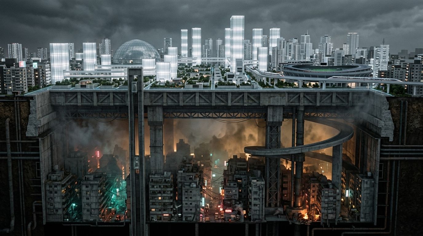 A photoreal cutaway: the Upper City on its plateau with the Lowline underneath