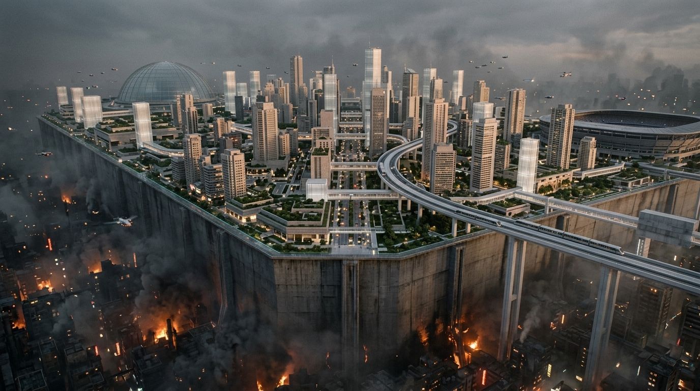 The Upper City as a photoreal render: a whole city on raised ground above the Lowline
