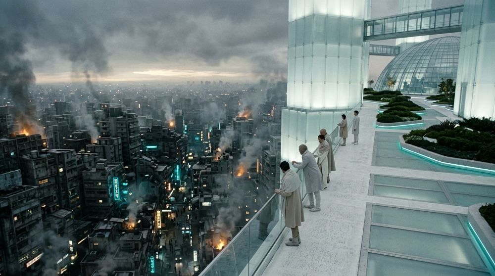 The glass tower terrace above the smog, the Lowline's lights far below
