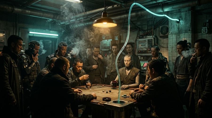A dice table with a share leaving through a glass conduit