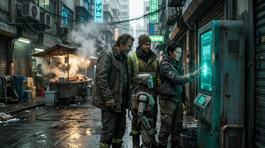 A crew claiming its pay at a kiosk at dawn