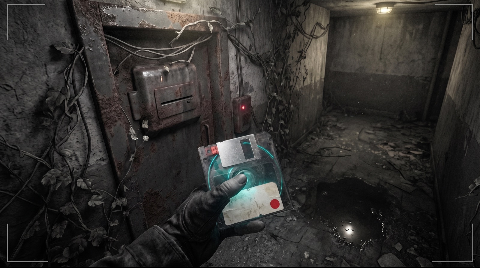 A gloved hand holding the Override Disk up to a disk lock on an overgrown steel door