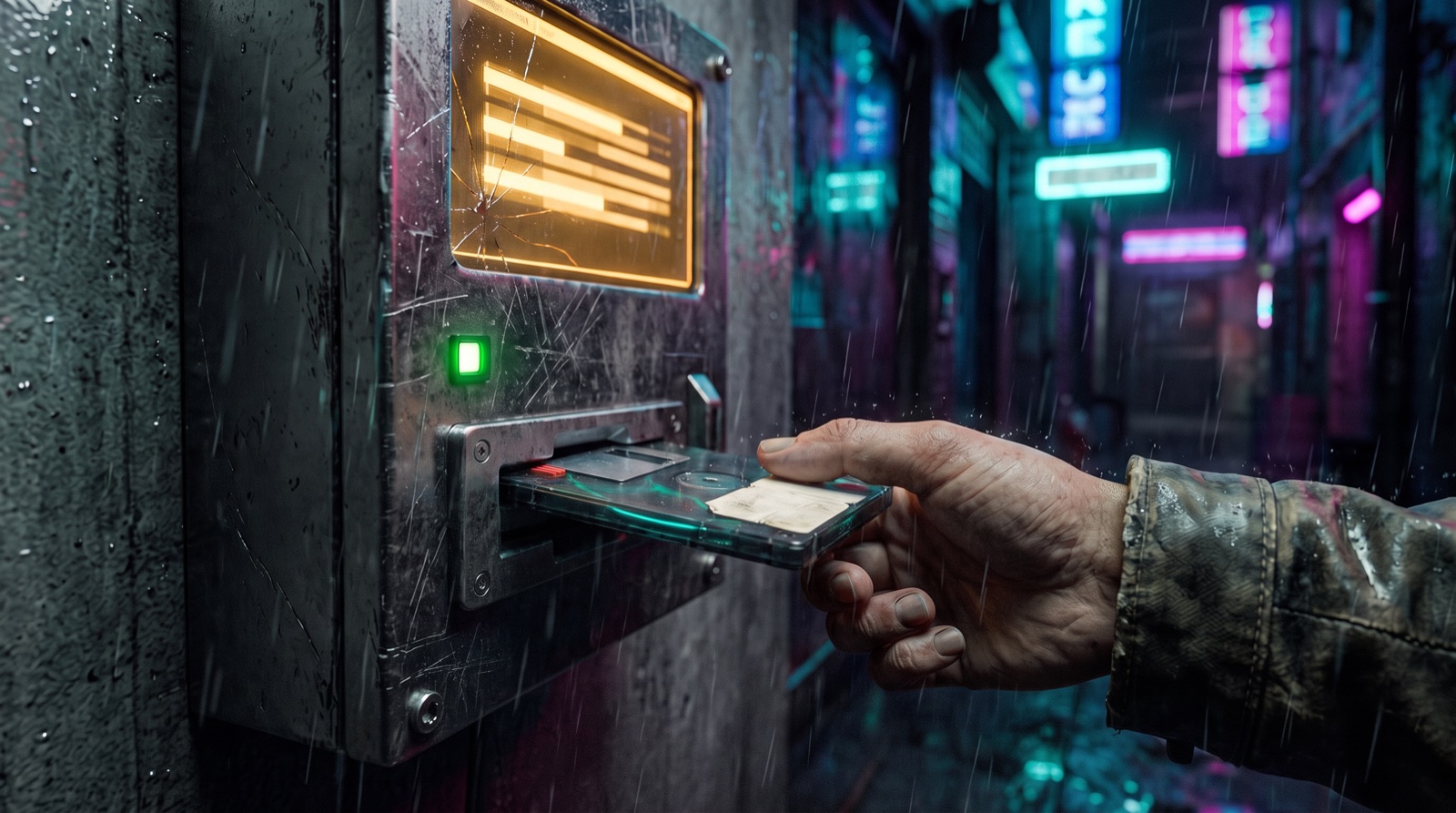 A hand sliding the Override Disk, a thin clear floppy disk, into a battered terminal slot in a rainy alley