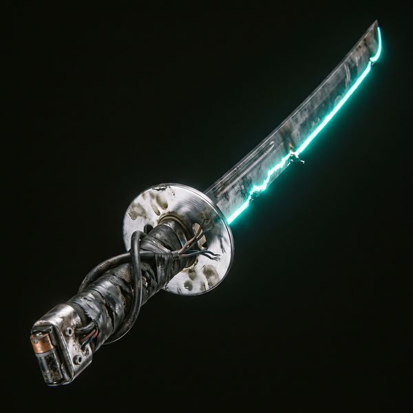 Chrome katana with a teal light edge
